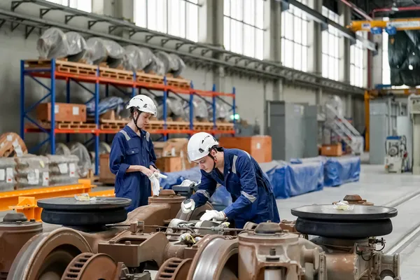 Fotografía de un equipo de trabajo realizando mantenimiento preventivo a la maquinaria de una industria