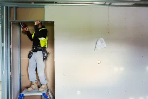 Fotografía de un especialista de GRUPO S3 realizando una instalación de tablaroca para oficinas