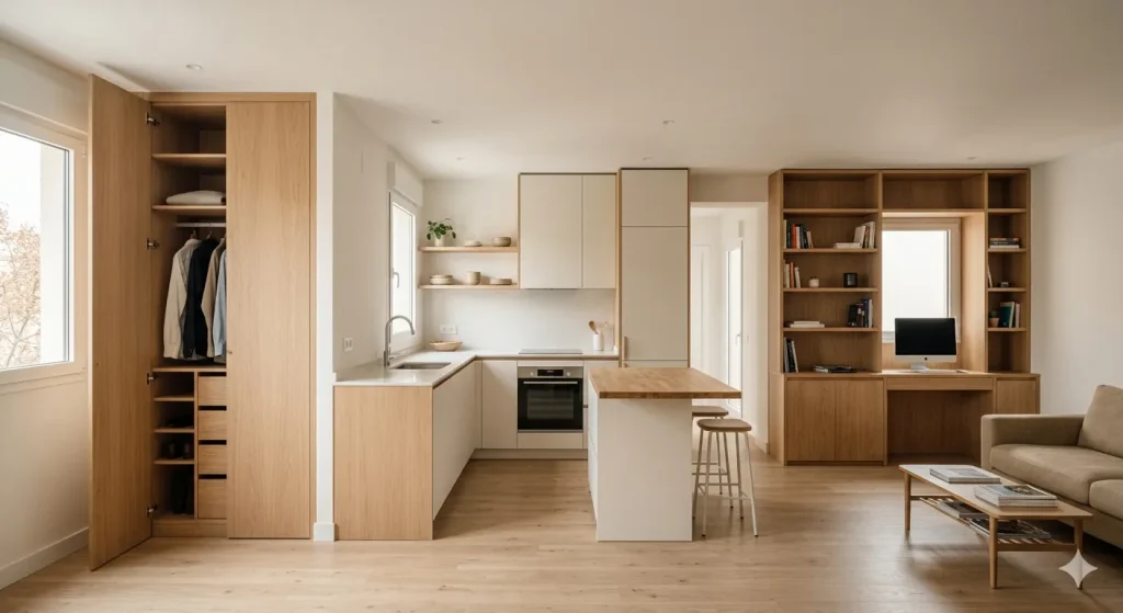 Fotografía de distintos muebles de madera instalados en una residencia gracias al servicio de carpintería de GRUPO S3