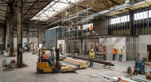 Vista integral de la nave de GRUPO S3, mostrando la zona de remodelación industrial activa junto a la línea de producción